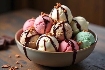 Delicious assortment of ice cream scoops in a bowl drizzled with chocolate syrup