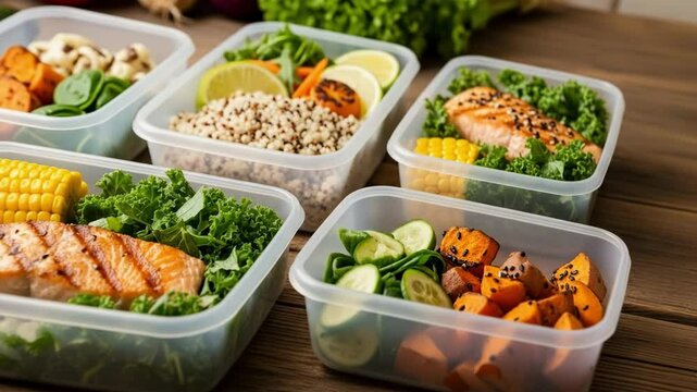 Healthy meal prep containers with grilled salmon, quinoa, sweet potatoes, and vegetables - Powered by Adobe