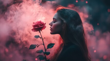 Woman smelling a rose in smoky environment