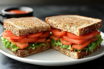 A halved sandwich, filled with tomatoes and lettuce, sits on a white plate against a dark background