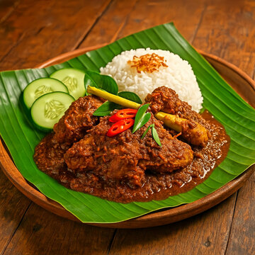 Traditional Malaysian Chicken Rendang with Rice on Banana Leaf