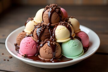 Delicious multi flavored ice cream sundae with chocolate drizzle and crumbled toppings