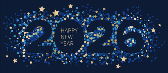 2026 Happy New Year text surrounded by gold and blue confetti and stars on dark background. Festive holiday graphic template. New Year and winter celebration concept