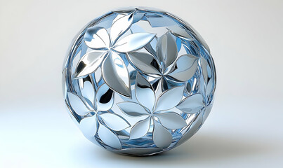 A spherical object with shiny metal flower-like ornaments set in blue-tinted glass, resting on a white surface