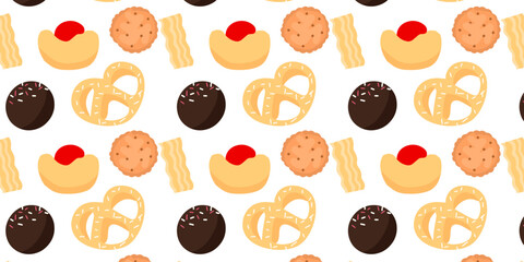 Cookies pattern background.  illustration with biscuit and oatmeal cookies. cartoon elements isolated on monochrome background.