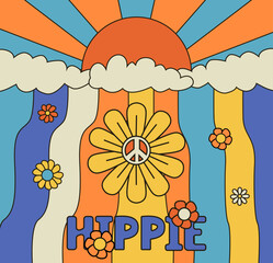 Hippie poster. Cartoon psychedelic banner. Colorful hippy symbols and peace sign. Striped abstract background. Daisy flowers. Rainbow sky. Retro 60s placard. Vector nostalgic surreal card