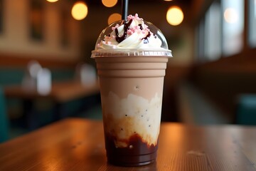 Refreshing layered chocolate milkshake with whipped cream and pink sprinkles in a transparent cup