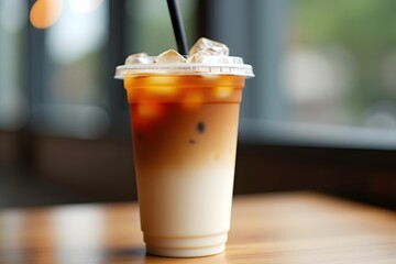 Refreshing iced latte coffee drink in a plastic cup with ice cubes and straw