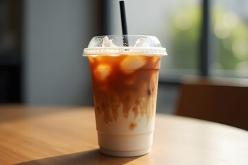 Delicious iced coffee drink served in a clear plastic cup on a wooden table.