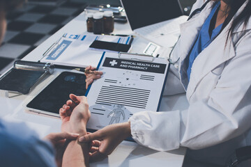 Young brunette woman having consultation at doctor office during