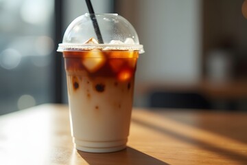 Iced coffee beverage in a clear plastic cup on a wooden table refreshing cool drink