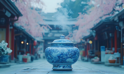 A blue-and-white jar sits on stone tiles in a blurred street adorned with pink blooms, smoke rising