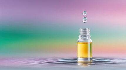 Yellow Serum Dropper Hovering Above Reflective Water