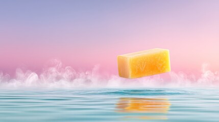 Yellow Sparkle Soap Levitating Above Rippled Water with Pastel Sky