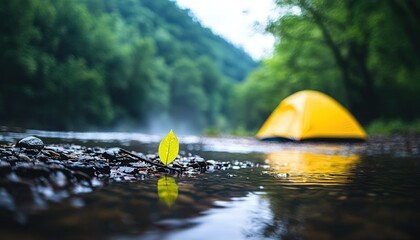 Yellow Tent by a Misty Stream in a Green Forest