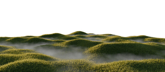 Misty grassy hills landscape in morning sunlight. 3D rendering.