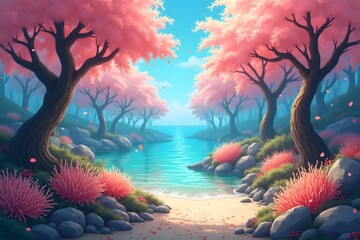 Serene landscape depicting pink cherry blossom trees by a tranquil coastal waterscape