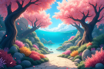 Enchanting pink cherry blossom landscape with underwater view and blooming flowers