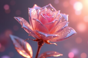 Elegant artistic close-up of a glowing pink glass rose with sparkling details and bokeh.