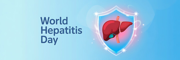 world hepatitis day Banner |  liver protection concept with shield and sparkles | hepatitis day Banner