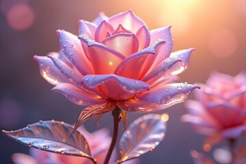 Enchanting close up of a pink rose with water droplets and transparent metallic leaves