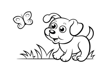 Adorable puppy line drawing with butterfly in grass