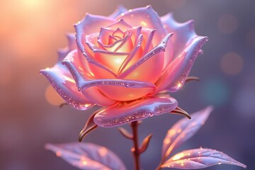 Close-up of a beautiful pink and purple rose with sparkling glittery effects and soft lighting