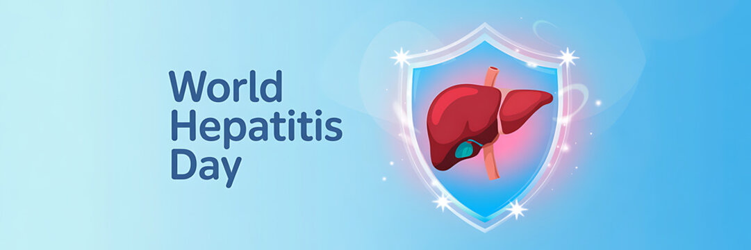 world hepatitis day Banner |  liver protection concept with shield and sparkles | hepatitis day Banner