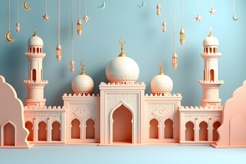 Festive 3d illustration of a mosque with hanging lanterns and crescent moons