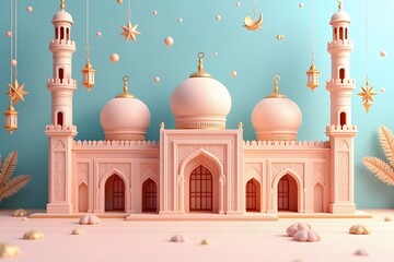 Beautiful pastel mosque architecture featuring delicate islamic decorations for religious celebrations