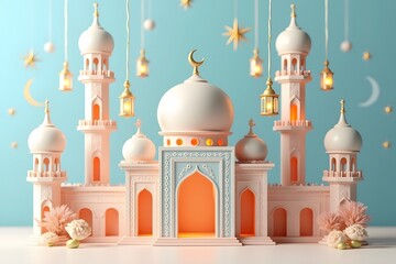 Festive 3d render of a beautiful mosque decorated for islamic celebrations with lanterns