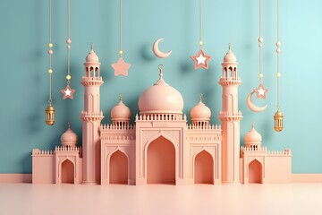 Beautiful 3d render of a pink mosque with festive decorations against a blue backdrop
