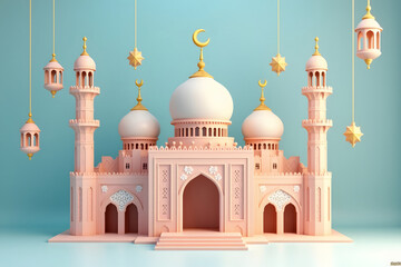 Elegant 3d illustration of a mosque design celebrating the eid al-fitr festival.