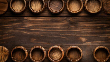 Fototapeta premium una superficie de madera oscura fuerte y resistente con recipientes o circulos de madera elegantes vacios o decorativos