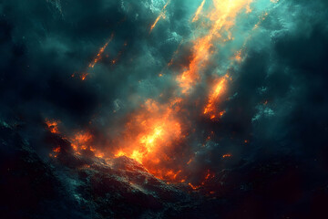 Abstract image Turbulent orange and teal clouds erupt like fire, set against a moody, dark sky