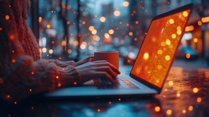 Woman working on laptop outdoors at night