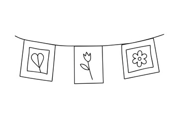 Simple line drawing of hanging bunting with heart flower tulip