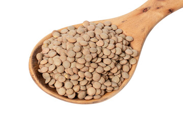 Close-up of a wooden spoon with brown lentils cut out