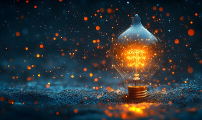 Bright, stylized bulb shines with golden light amidst dark, textured ground and bokeh