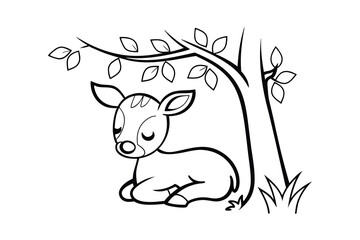 Cute baby deer line drawing sleeping under tree