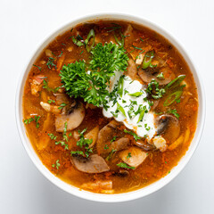 A rich bowl of soup filled with mushrooms, greens, and a dollop of cream garnished with herbs