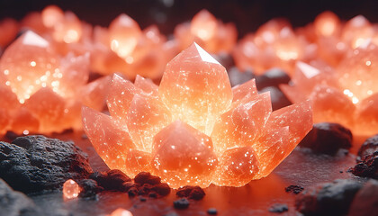 Glowing orange crystals amidst dark rocks, evoking a mystical or otherworldly scene
