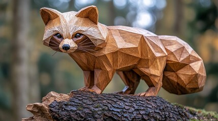 Wood carving of a raccoon.  Geometric design