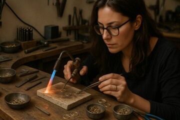 Jewelry designer skillfully using a blowtorch to solder intricate rings at her workbench in a vibrant workshop filled with tools