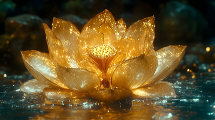 Glimmering golden lotus blossom floating serenely on a dark, shimmering surface with bokeh lights around it