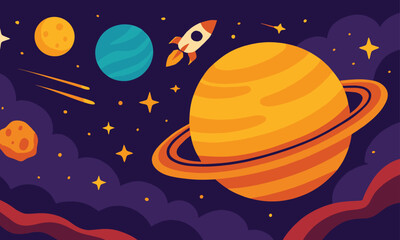 Vector Space Background with Rocket Takeoff, UFO and Planetary Rings © muhamad
