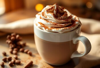 Soft morning light illuminates a cup of coffee topped with whipped cream and cocoa powder, chocolate, delicious