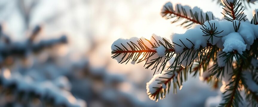 Soft morning light illuminates a snowy pine branch frame,   conifer,  texture