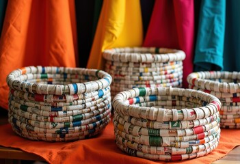 Colorful woven baskets made from recycled paper sit on an orange cloth with vibrant fabric backgrounds