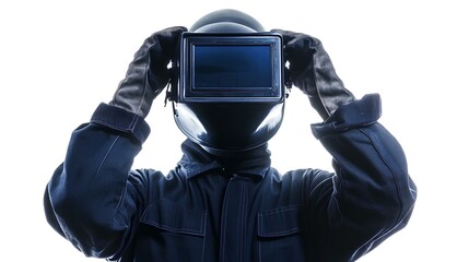 a man wearing a welding mask isolated on a white background